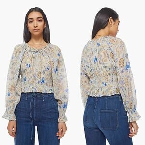 NWT Mother The Long Sleeve Doll Smocked Print Blouse Top in Face Chalk and Blue